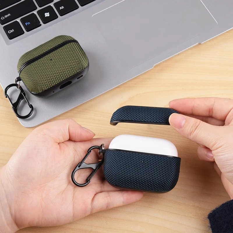 Für Apple AirPods Pro 2 Hülle Wasserdichte Nylon-Ohrhörerabdeckung mit Aufhängeschlaufe - Dunkelblau