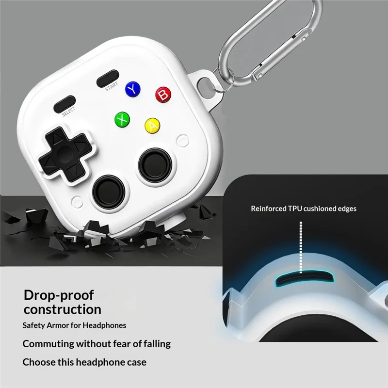 For Samsung Galaxy Buds4  /  Buds4 Pro Case with Hanging Buckle, Gaming Controller Style TPU + PC Earphone Cover - Black