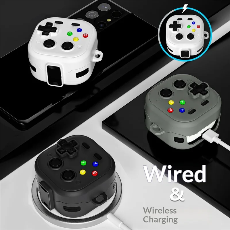 For Samsung Galaxy Buds4  /  Buds4 Pro Case with Hanging Buckle, Gaming Controller Style TPU + PC Earphone Cover - Black