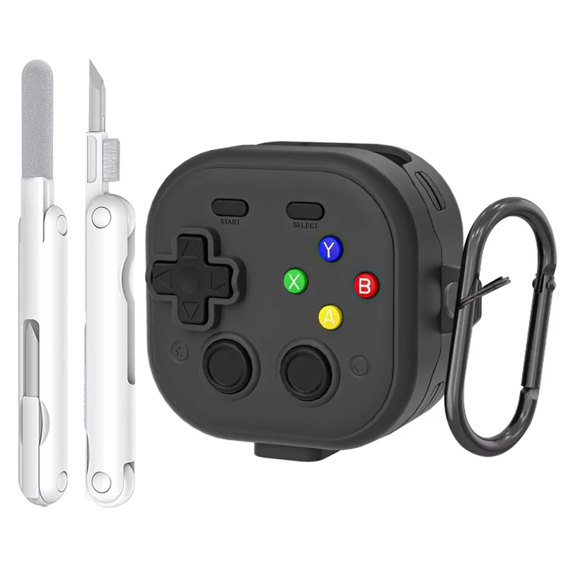 For Samsung Galaxy Buds4  /  Buds4 Pro Case with Hanging Buckle  /  Cleaning Pen, Gaming Controller Style TPU + PC Earphone Cover - Black