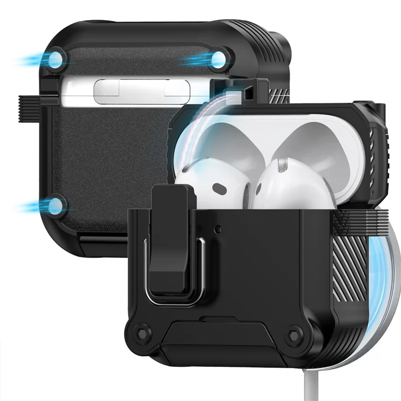 Funda para AirPods 4 con bloqueo, soporte para teléfono, tapa magnética con cierre automático - Negro