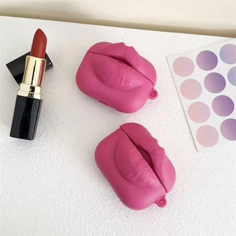 For AirPods Pro 3 Earphone Case Funny Lips Shape PVC Protective Cover Earbuds Case - Rose