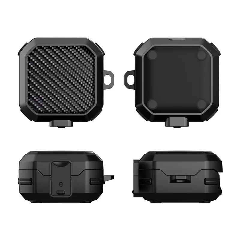 For Samsung Galaxy Buds4 / Buds4 Pro Carbon Fiber Texture Armor Protective Case PC + TPU Shockproof Cover with Carabiner - Black