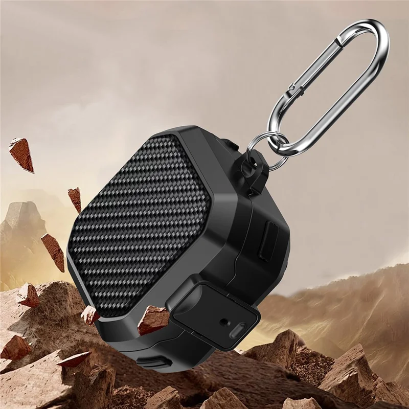 For Samsung Galaxy Buds4 / Buds4 Pro Carbon Fiber Texture Armor Protective Case PC + TPU Shockproof Cover with Carabiner - Black