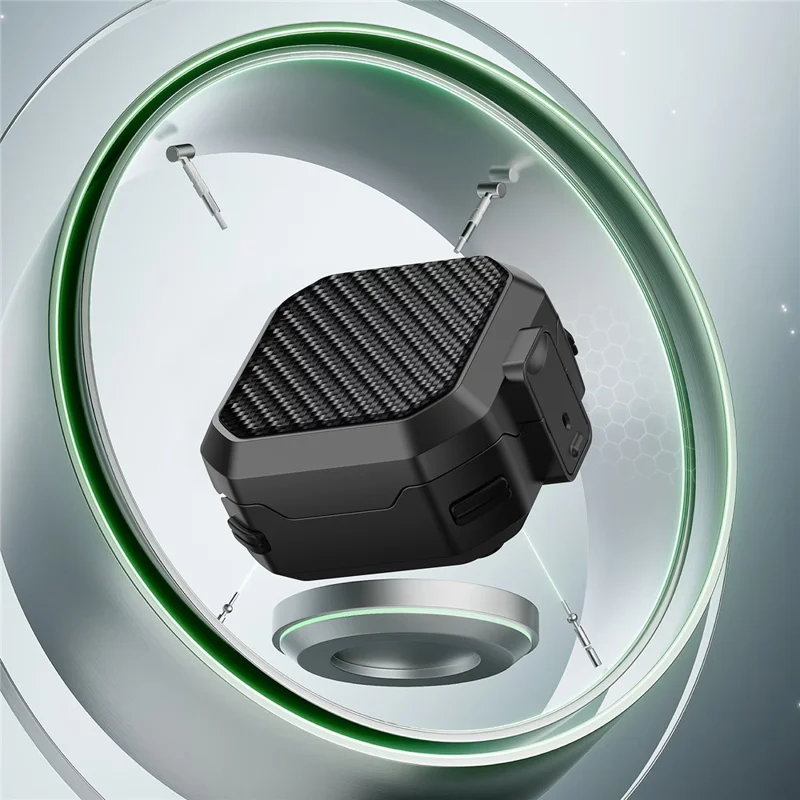 For Samsung Galaxy Buds4 / Buds4 Pro Carbon Fiber Texture Armor Protective Case PC + TPU Shockproof Cover with Carabiner - Black