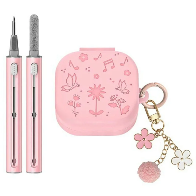 For Samsung Galaxy Buds4 / Buds4 Pro 3D Embossed Butterfly Silicone Case with Hanging Pendant and Cleaning Pen - Pink