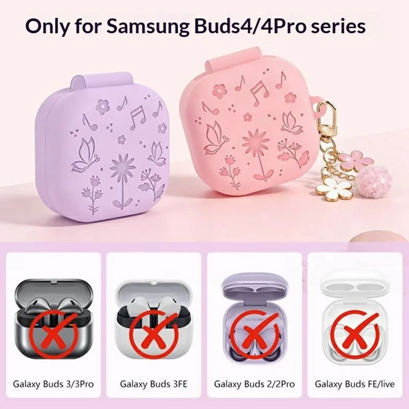 For Samsung Galaxy Buds4 / Buds4 Pro 3D Embossed Butterfly Silicone Case with Hanging Pendant and Cleaning Pen - Pink