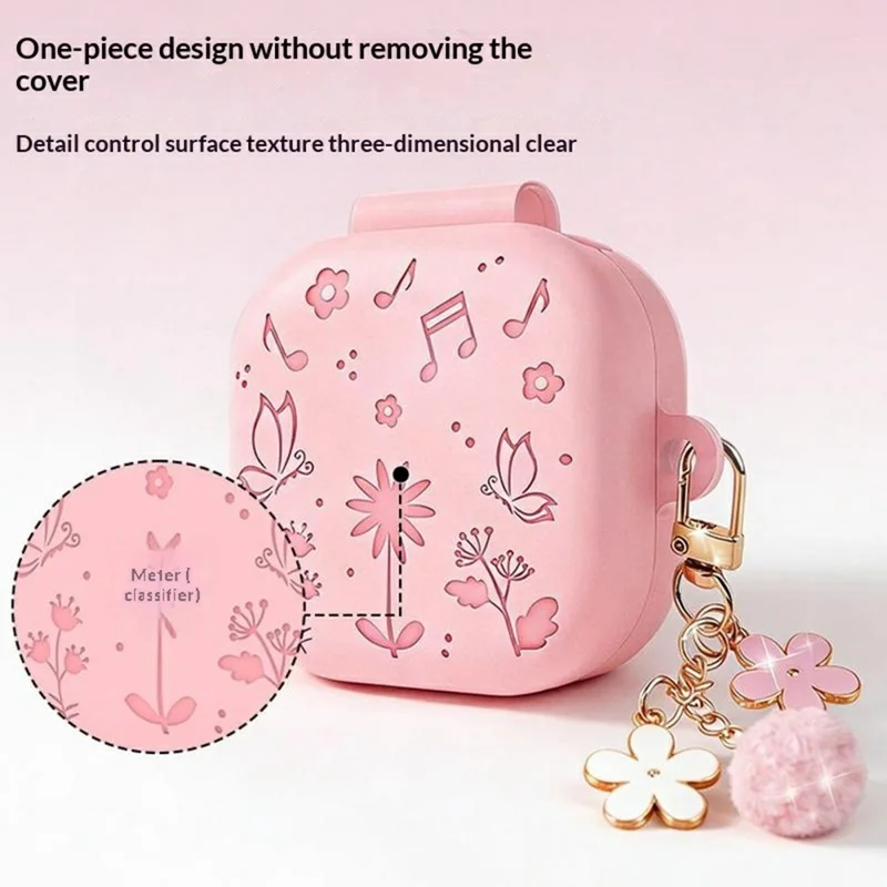 For Samsung Galaxy Buds4 / Buds4 Pro 3D Embossed Butterfly Silicone Case with Hanging Pendant and Cleaning Pen - Pink