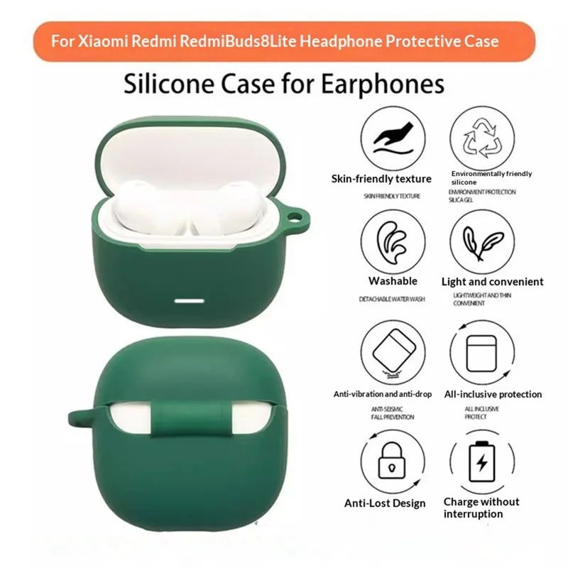 For Xiaomi Redmi Buds 8 Lite Silicone Case Wireless Earbuds Protective Cover with Anti-Lost Buckle - Blackish Green