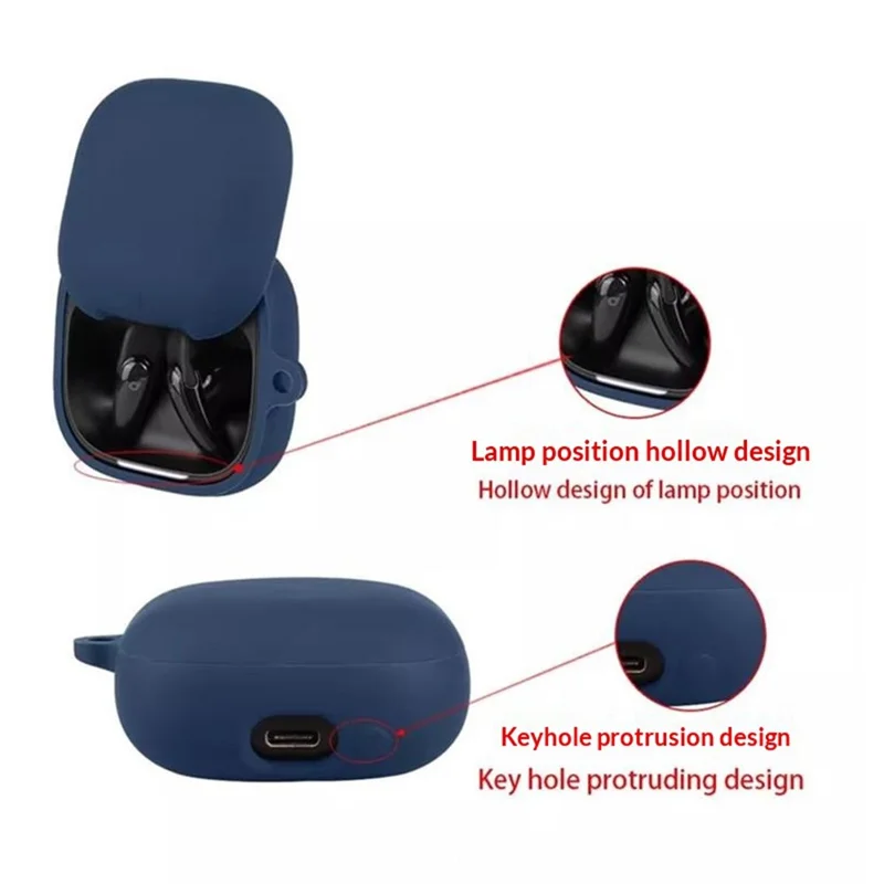 For Anker Soundcore Liberty Buds Silicone Case Wireless Earbuds Protective Cover with Anti-Lost Buckle - Dark Blue