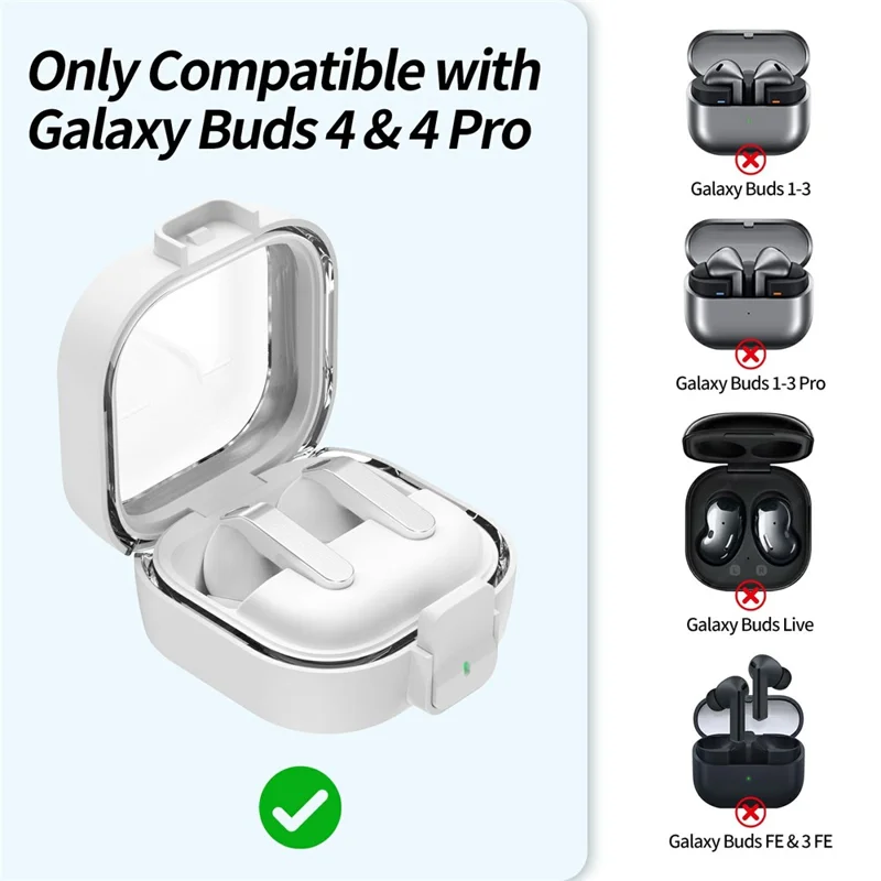 For Samsung Galaxy Buds 4  /  4 Pro Case Clear PC Protective Earphone Cover with Switch Lock Anti-loss Carabiner - White
