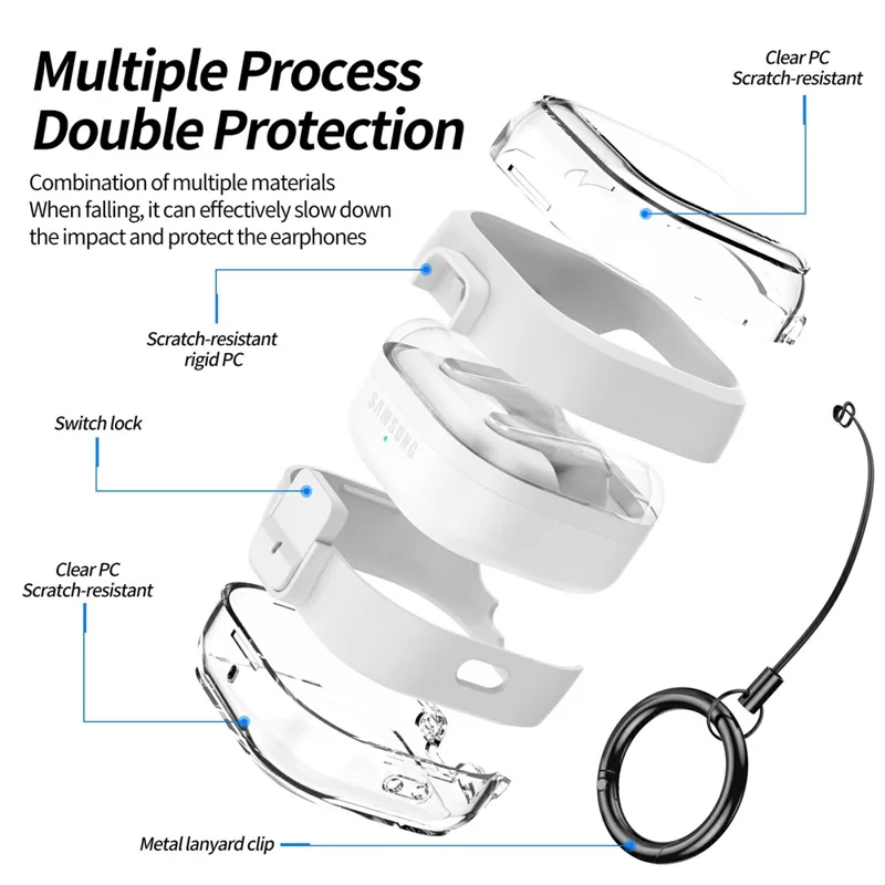 For Samsung Galaxy Buds 4  /  4 Pro Case Clear PC Protective Earphone Cover with Switch Lock Anti-loss Carabiner - White