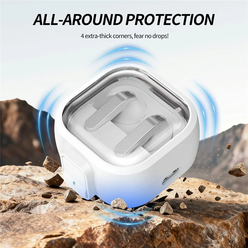 For Samsung Galaxy Buds 4  /  4 Pro Case Clear PC Protective Earphone Cover with Switch Lock Anti-loss Carabiner - White