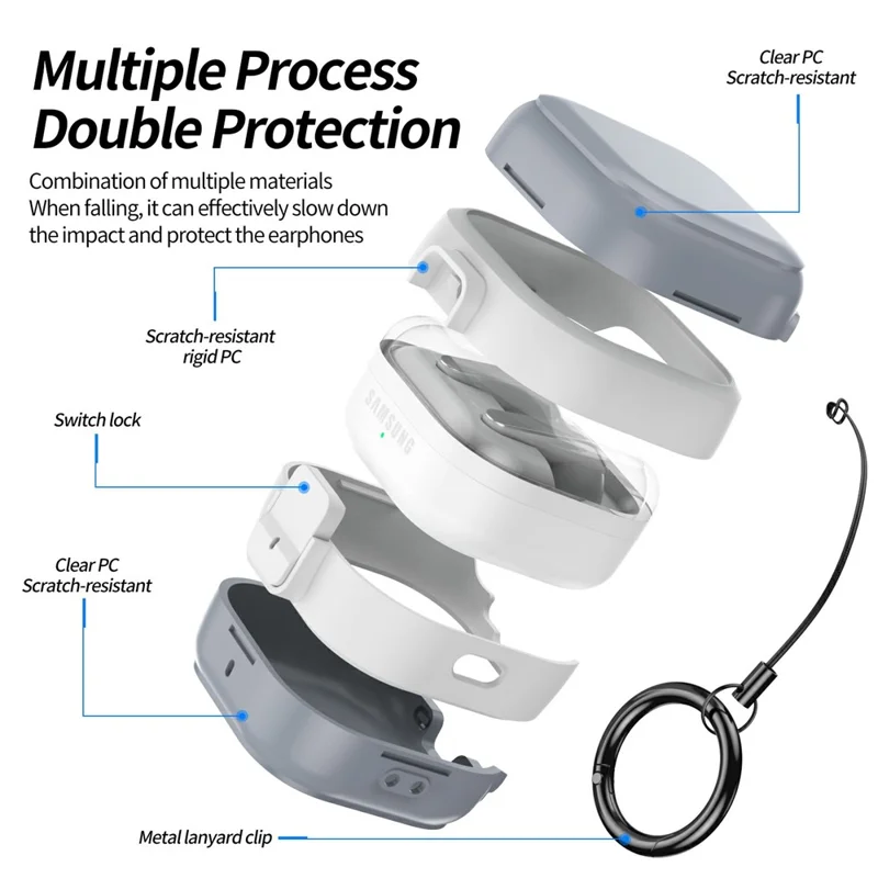 For Samsung Galaxy Buds 4  /  4 Pro Case PC Shockproof Metal Carabiner Switch Lock Earphone Protective Cover - Grey White