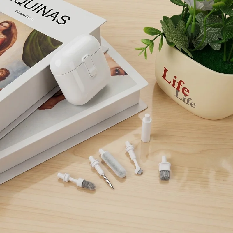 Kit de nettoyage polyvalent 5 en 1 pour écouteurs, set d'entretien pour embouts anti-poussière avec étui de rangement - Blanc