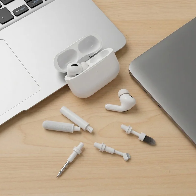 Kit de nettoyage polyvalent 5 en 1 pour écouteurs, set d'entretien pour embouts anti-poussière avec étui de rangement - Blanc