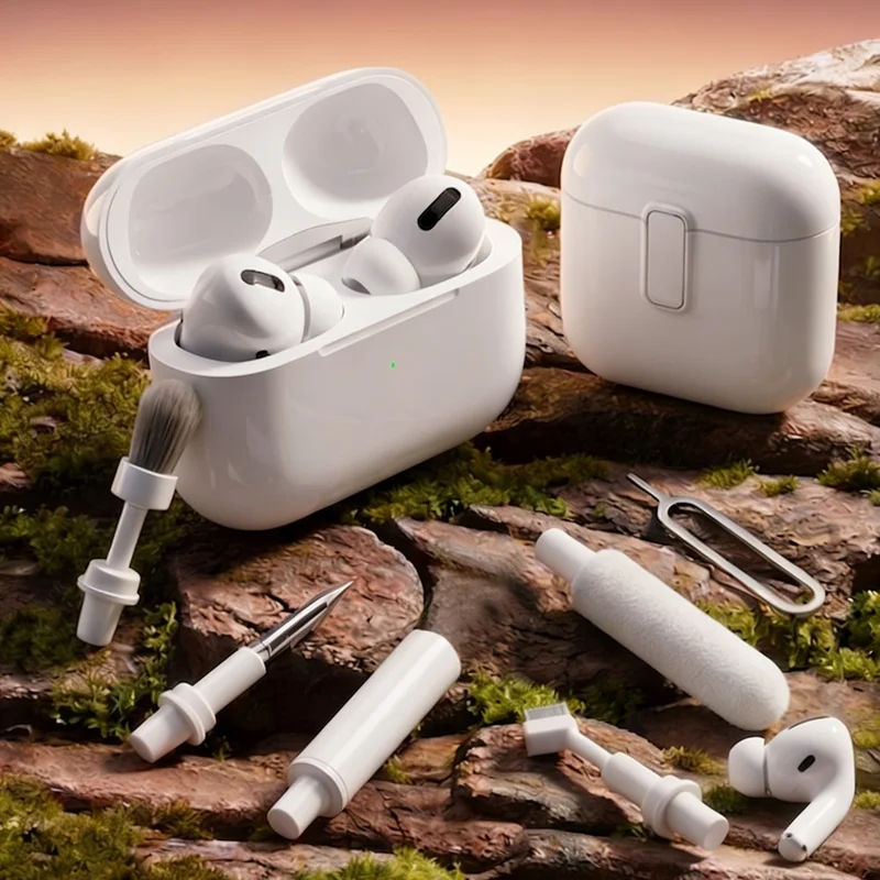 Kit de nettoyage polyvalent 5 en 1 pour écouteurs, set d'entretien pour embouts anti-poussière avec étui de rangement - Blanc