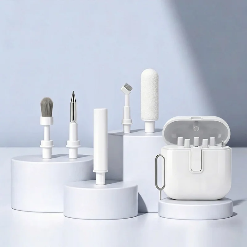 Kit de nettoyage polyvalent 5 en 1 pour écouteurs, set d'entretien pour embouts anti-poussière avec étui de rangement - Blanc