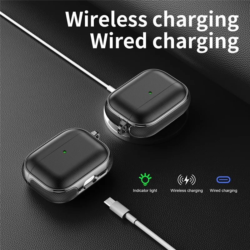 For AirPods 4 Case Split Design Leather Texture TPU Earphone Cover with Metal Carabiner - Black