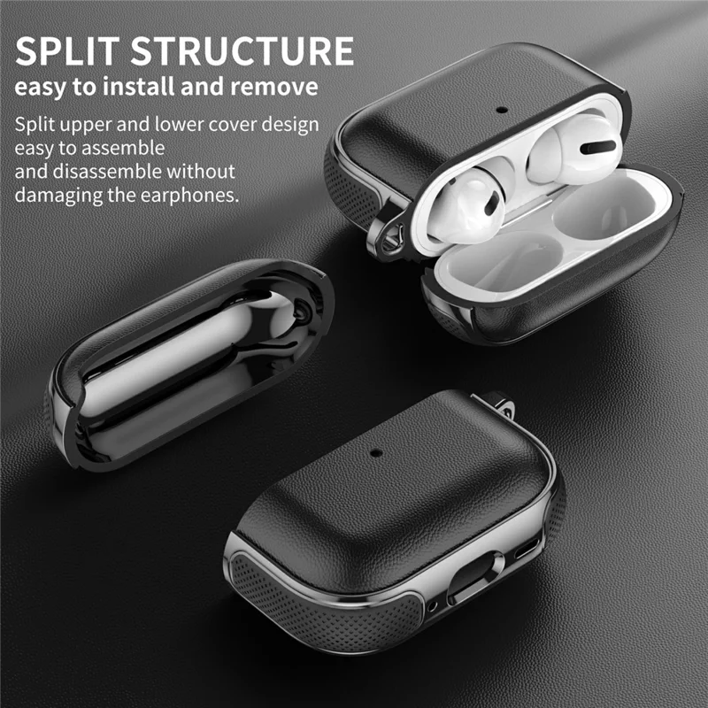 For AirPods 4 Case Split Design Leather Texture TPU Earphone Cover with Metal Carabiner - Black