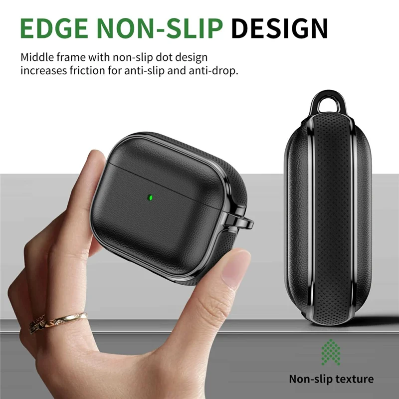 For AirPods 4 Case Split Design Leather Texture TPU Earphone Cover with Metal Carabiner - Black