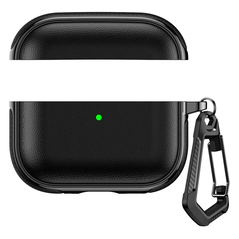 For AirPods Pro 2 / AirPods Pro Case Split Design Leather Texture TPU Earphone Cover with Metal Carabiner - Black