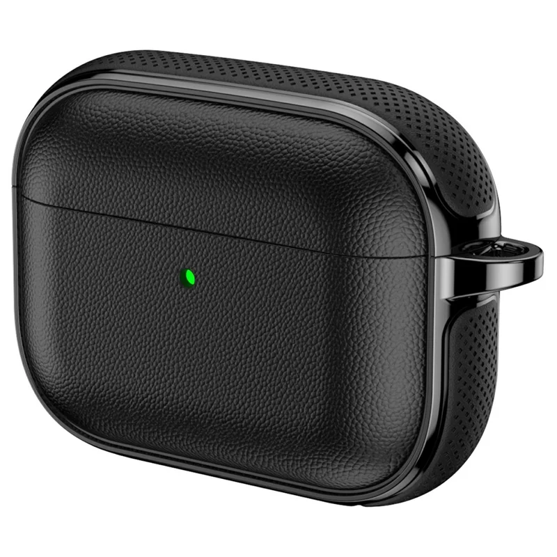 For AirPods Pro 3 Case Split Design Leather Texture TPU Earphone Cover with Metal Carabiner - Black