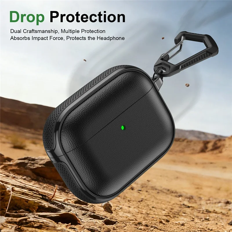 For AirPods Pro 3 Case Split Design Leather Texture TPU Earphone Cover with Metal Carabiner - Black