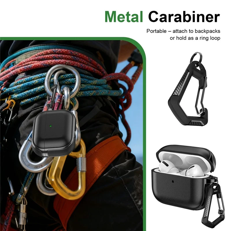 For AirPods Pro 3 Case Split Design Leather Texture TPU Earphone Cover with Metal Carabiner - Black