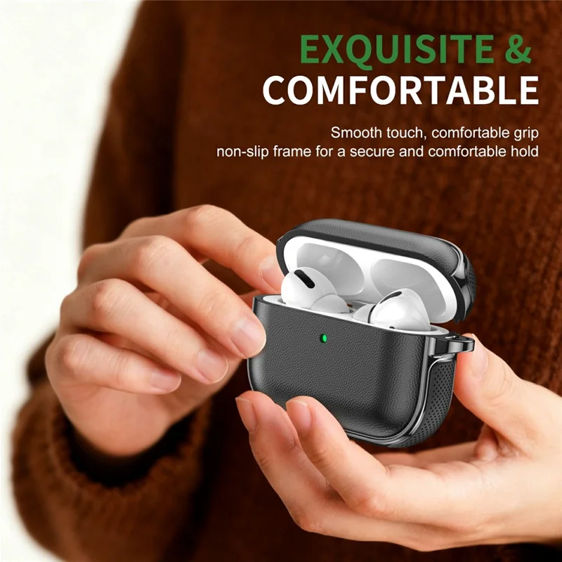 For AirPods Pro 3 Case Split Design Leather Texture TPU Earphone Cover with Metal Carabiner - Black