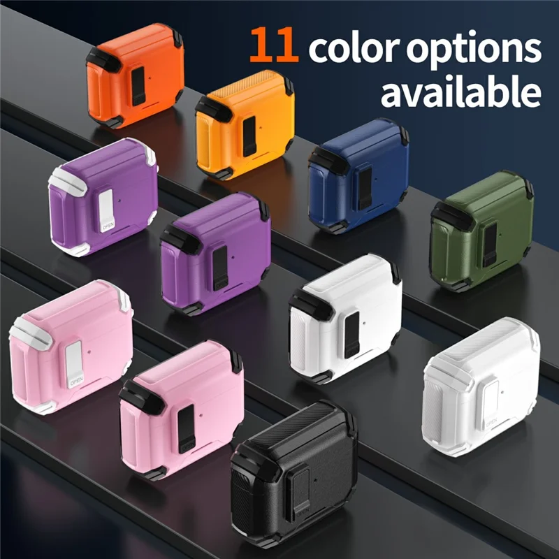 For AirPods 4 Earphone Case Phone Stand TPU + PC Shockproof Cover with Carabiner - Black