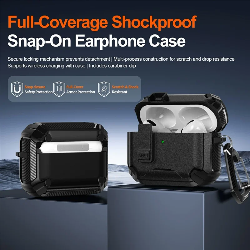 For AirPods 4 Earphone Case Phone Stand TPU + PC Shockproof Cover with Carabiner - Black