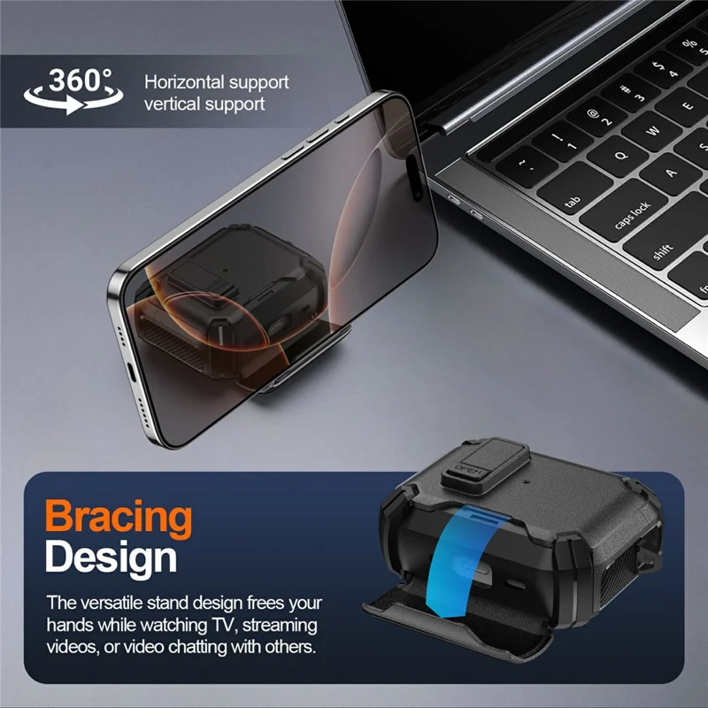 For AirPods 4 Earphone Case Phone Stand TPU + PC Shockproof Cover with Carabiner - Black