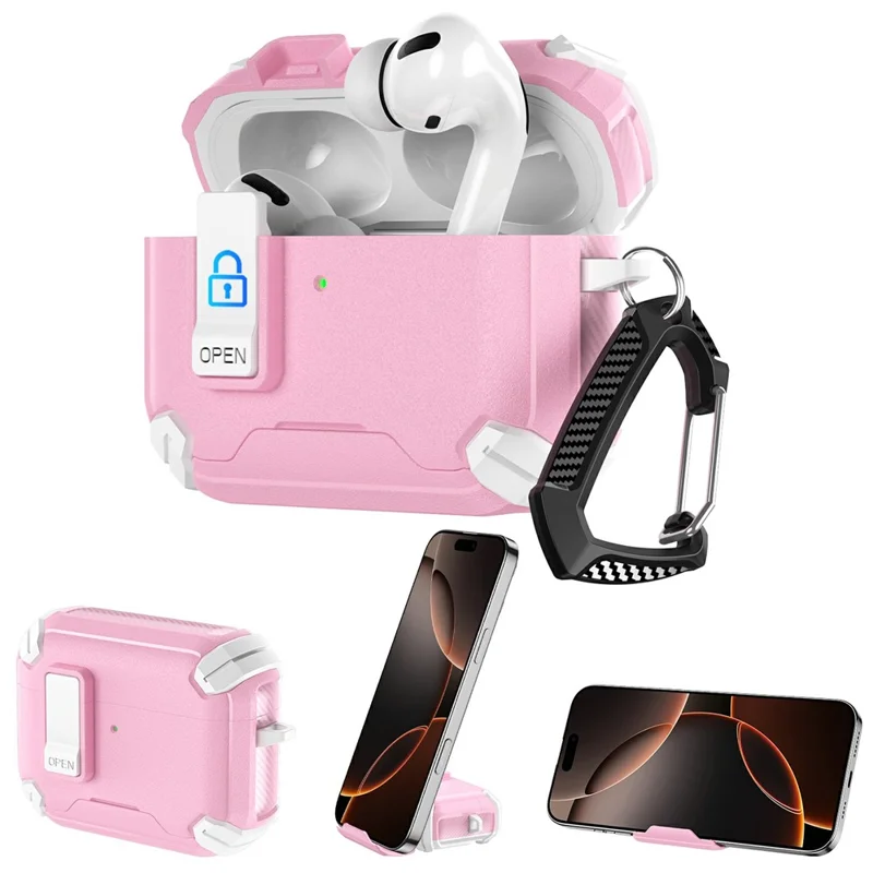 Funda para AirPods Pro 2 / AirPods Pro con soporte para teléfono, carcasa resistente de TPU + PC con mosquetón - Blanco / Rosa