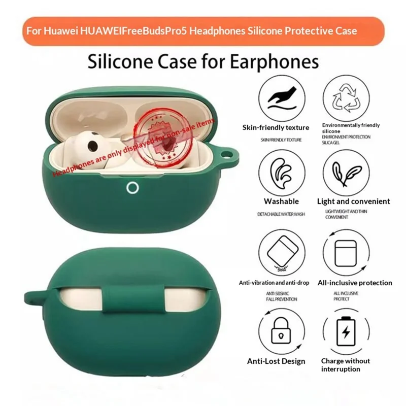 For Huawei FreeBuds Pro 5 Silicone Case Wireless Earbuds Protective Cover with Anti-Lost Buckle - Blackish Green