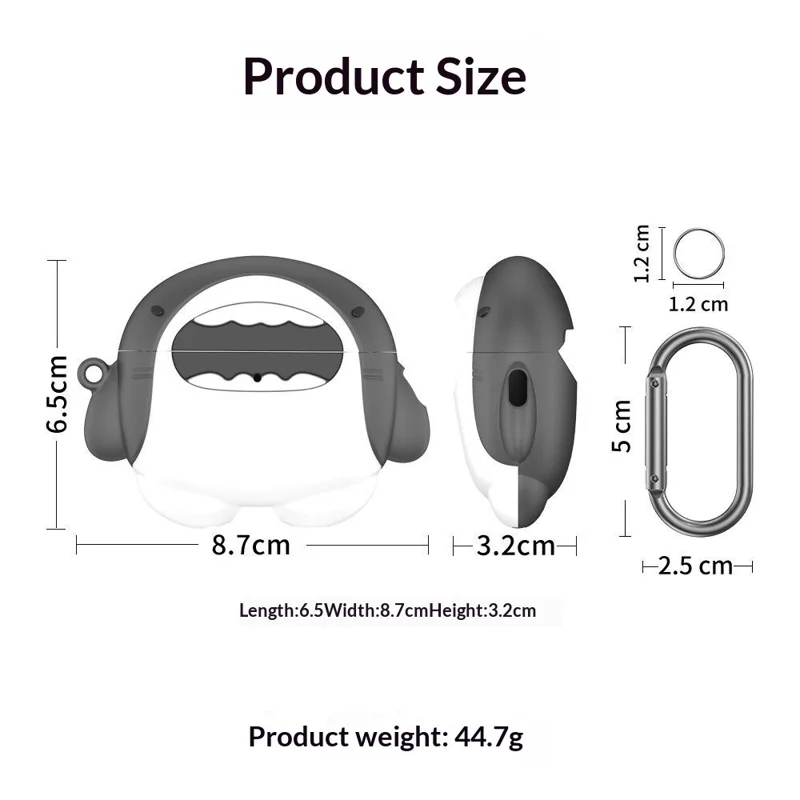 Coque en silicone pour AirPods Pro 3, design mignon de requin, housse de protection avec mousqueton - Blanc / Gris