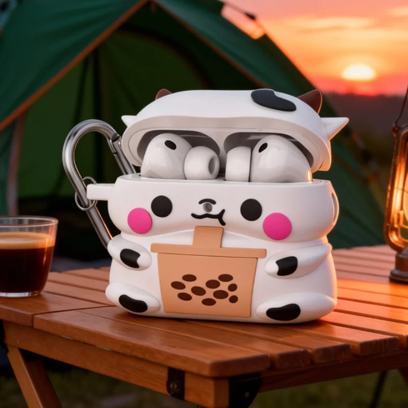 For AirPods Pro 3 Silicone Case Cartoon Milk Tea Cow Design Earphone Protective Cover with Hook - White