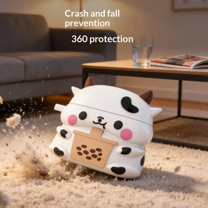 For AirPods Pro 3 Silicone Case Cartoon Milk Tea Cow Design Earphone Protective Cover with Hook - White