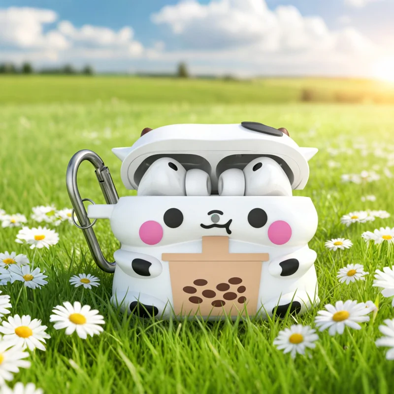 For AirPods Pro 3 Silicone Case Cartoon Milk Tea Cow Design Earphone Protective Cover with Hook - White