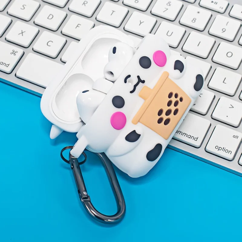 For AirPods Pro 3 Silicone Case Cartoon Milk Tea Cow Design Earphone Protective Cover with Hook - White