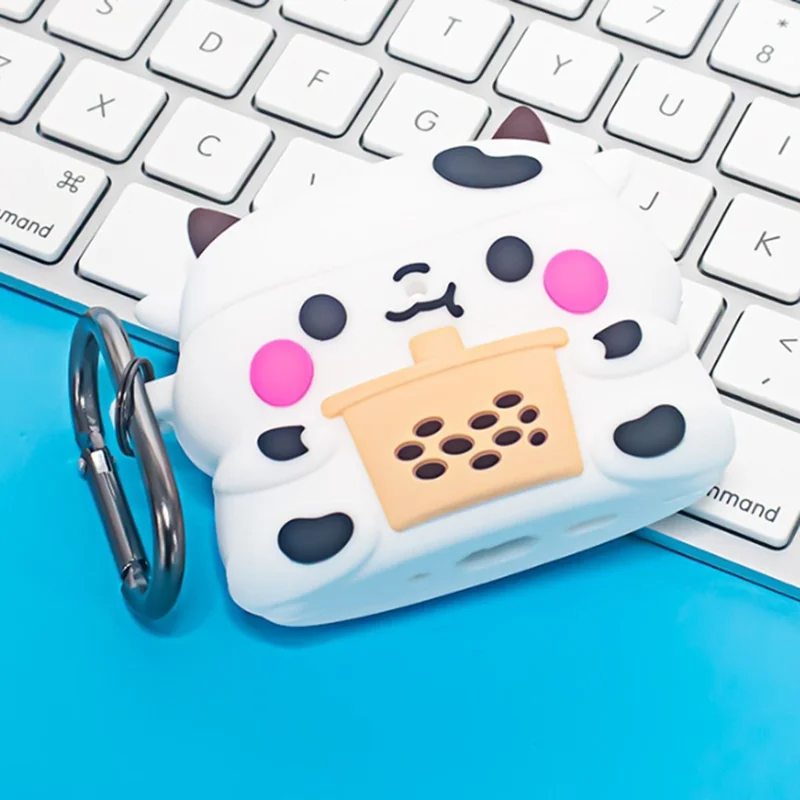 For AirPods Pro 3 Silicone Case Cartoon Milk Tea Cow Design Earphone Protective Cover with Hook - White