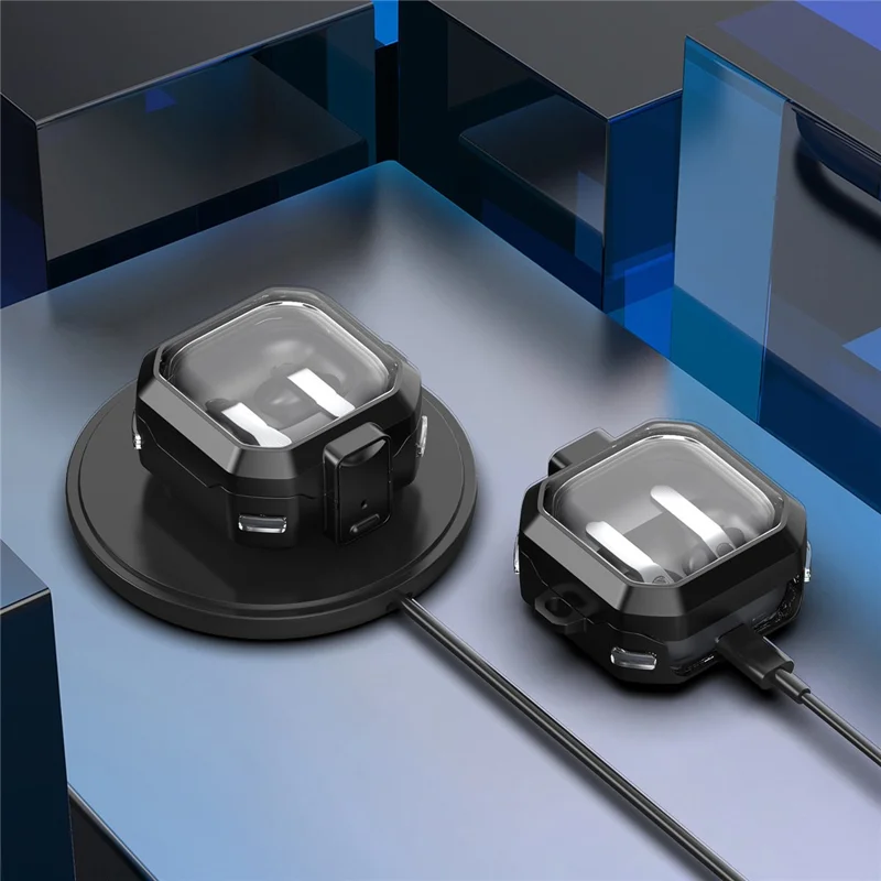 For Samsung Galaxy Buds4 / Buds4 Pro Case Switch Design TPU + PC Earphone Protective Cover with Carabiner - Black