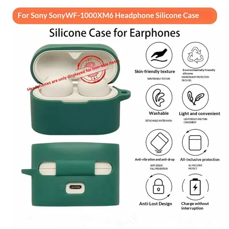 For Sony WF-1000XM6 Silicone Case Wireless Earbuds Protective Cover with Anti-Lost Buckle - Blackish Green