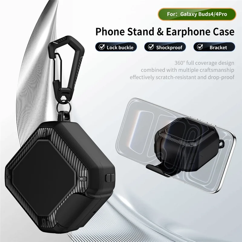 For Samsung Galaxy Buds4  /  Buds4 Pro Earphone Case TPU PC Phone Stand Lock Buckle Shockproof Protective Cover with Carabiner - Black