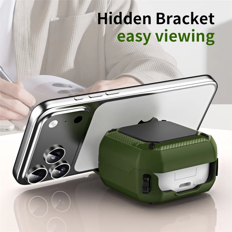 For Samsung Galaxy Buds4  /  Buds4 Pro Earphone Case TPU PC Phone Stand Lock Buckle Shockproof Protective Cover with Carabiner - Black