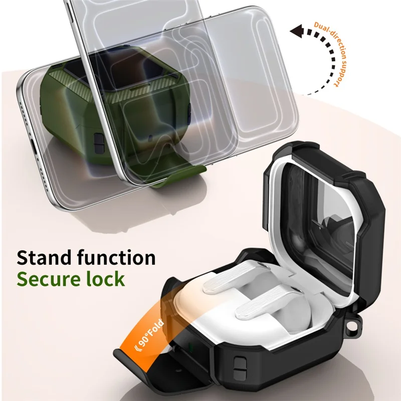 For Samsung Galaxy Buds4  /  Buds4 Pro Earphone Case TPU PC Phone Stand Lock Buckle Shockproof Protective Cover with Carabiner - Black