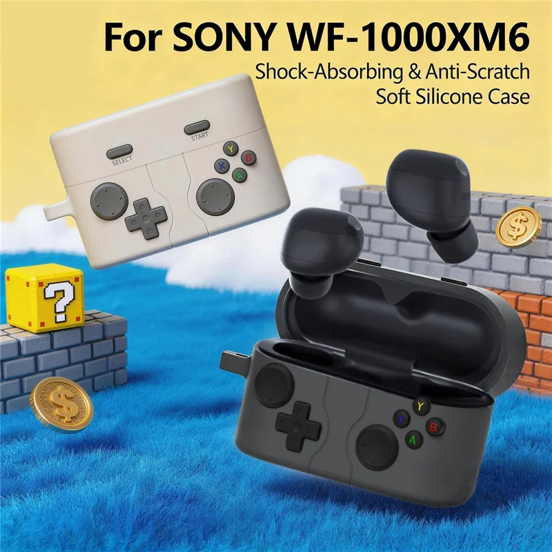 غطاء بتصميم وحدة تحكم ألعاب إبداعية لهاتف Sony WF-1000XM6، غطاء واقٍ من السيليكون السائل مع مشبك معدني - رمادي داكن