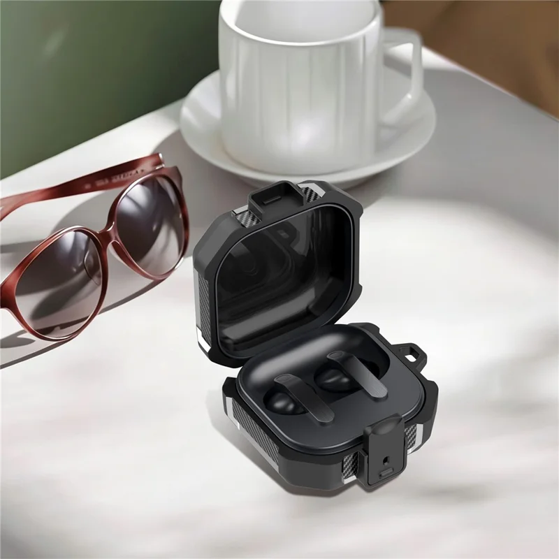 Étui pour Samsung Galaxy Buds4 / Buds4 Pro, motif rayures de valise, coque de protection en TPU et PC avec mousqueton - Noir