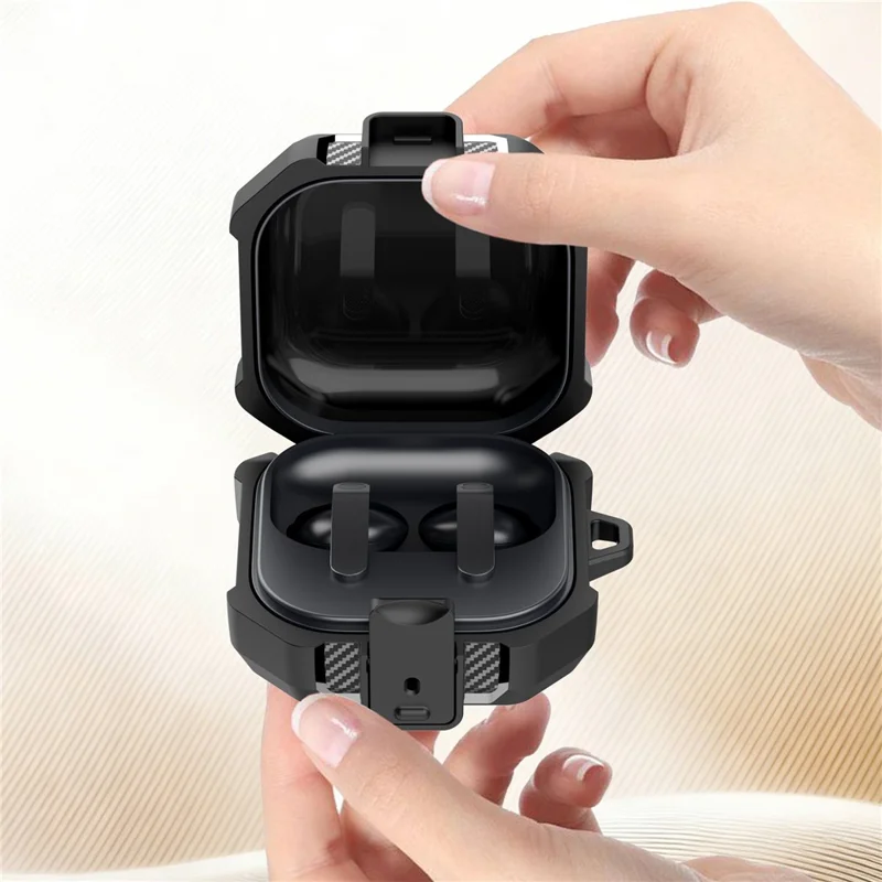 Étui pour Samsung Galaxy Buds4 / Buds4 Pro, motif rayures de valise, coque de protection en TPU et PC avec mousqueton - Noir