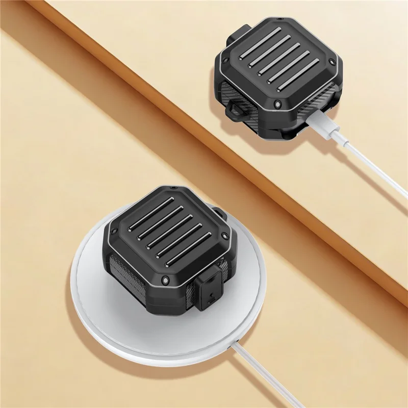 Étui pour Samsung Galaxy Buds4 / Buds4 Pro, motif rayures de valise, coque de protection en TPU et PC avec mousqueton - Noir